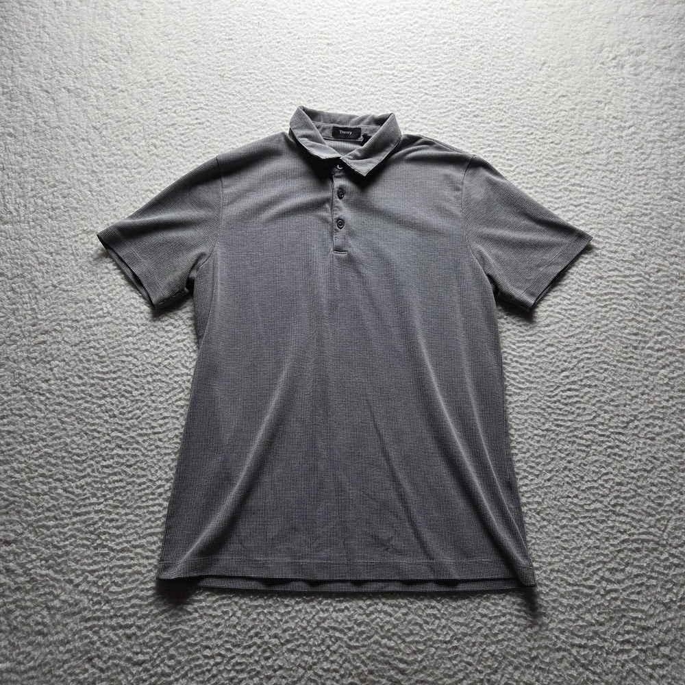 Theory Polo Shirt Mens L Gray Micro Check Short Sleeve Jersey Knit Casual Top